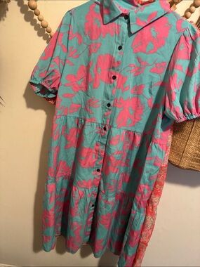 SHEIN Turquoise and Pink Floral Button Front Dress